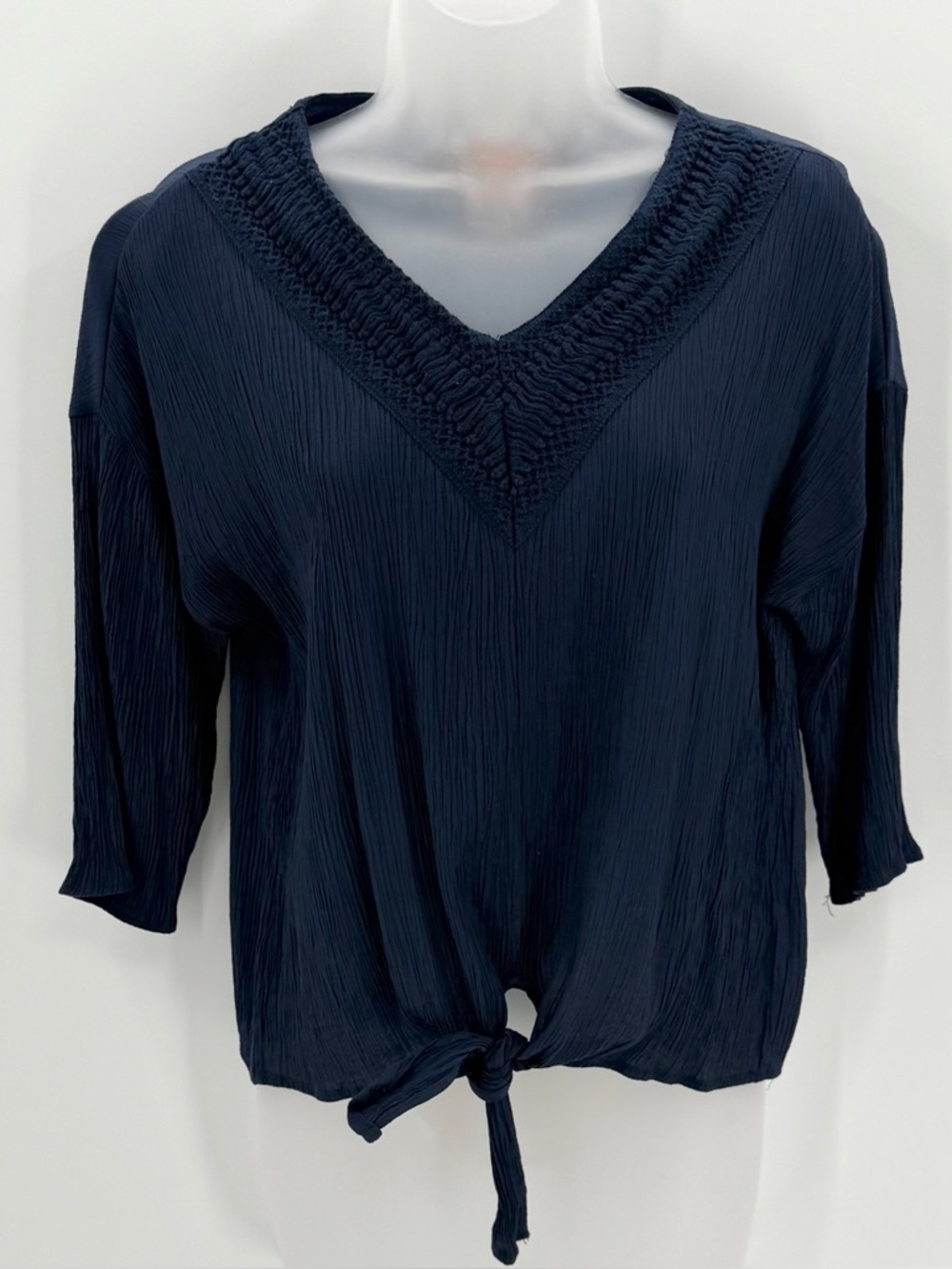 Ruby Rd. Petite Blouse Womens PS Navy Blue Crinkle 3/4 Tie Front Top Boho